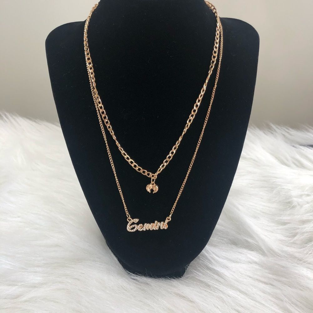 18 K Gold Plated Double Layer Diamond Gemini Zodiac Sign Necklace